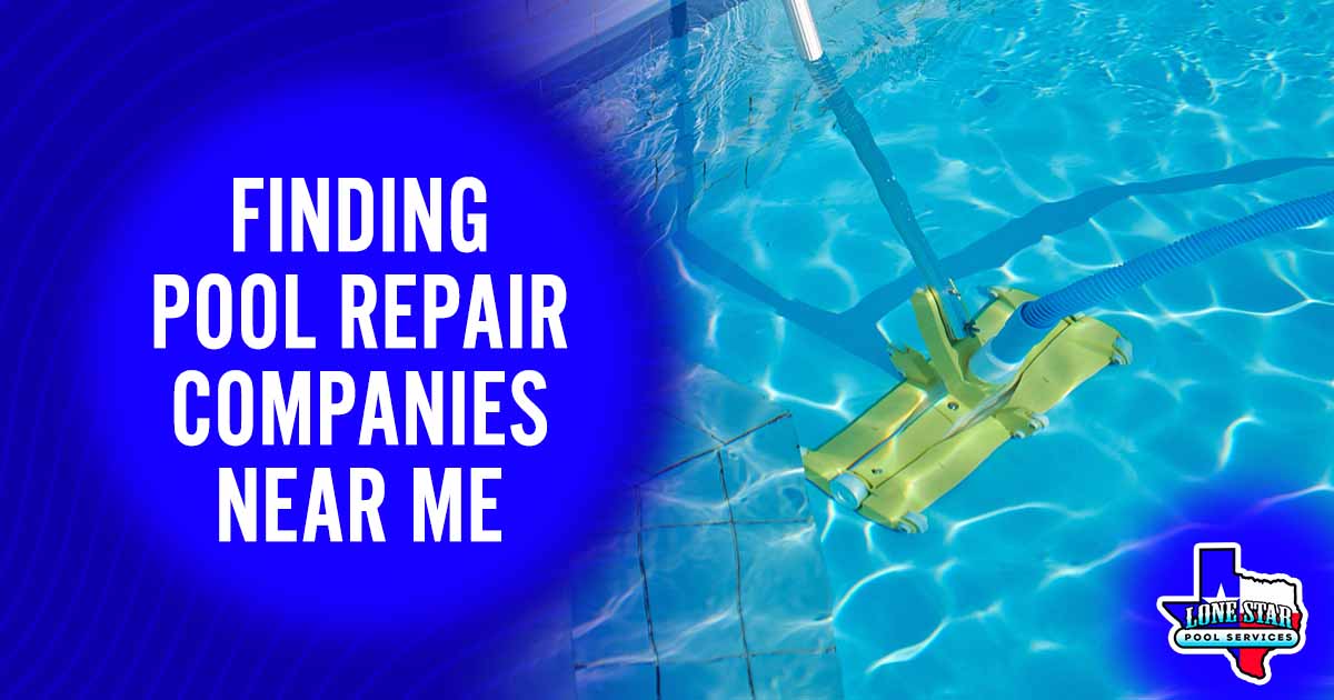 Close-up of an outdoor swimming pool underwater with a cleaning vacuum tube in action, featuring LoneStar Pool Services and highlighting 'Finding Pool Repair Companies Near Me' to assist with local pool maintenance needs.