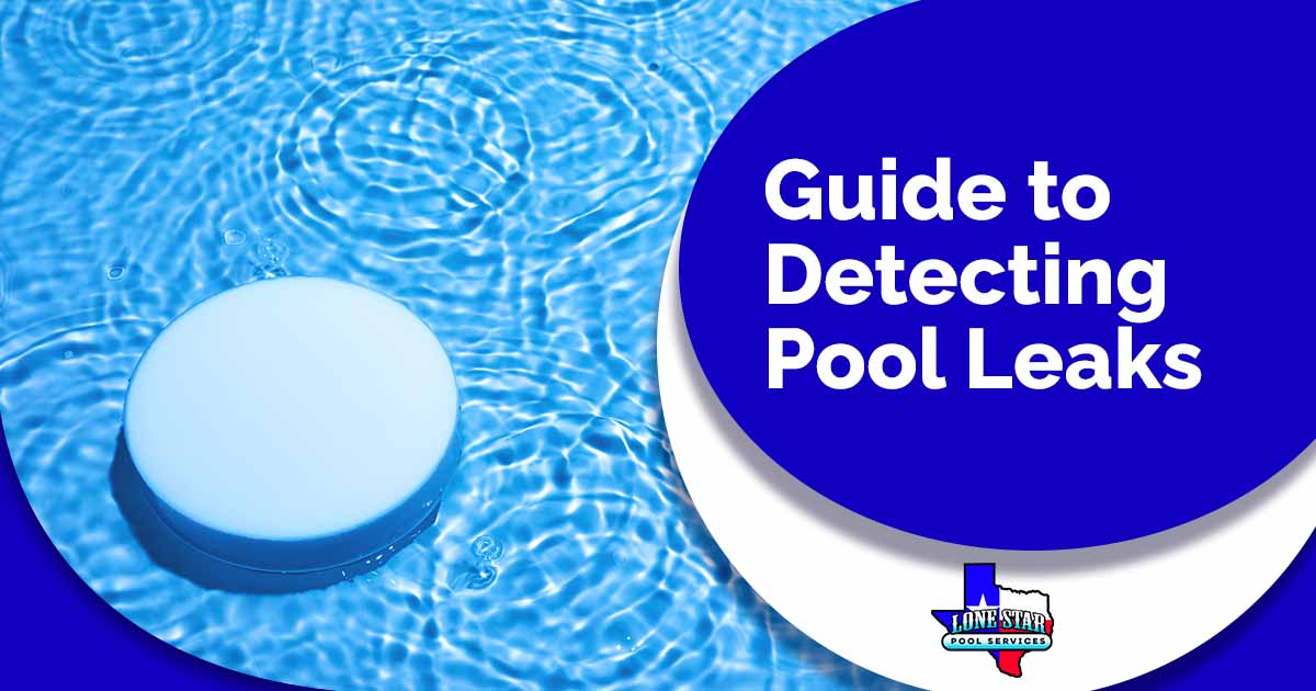 Image of an empty white circular podium on transparent blue water, featuring Lonestar Pool Services and highlighting a guide to detecting pool leaks.