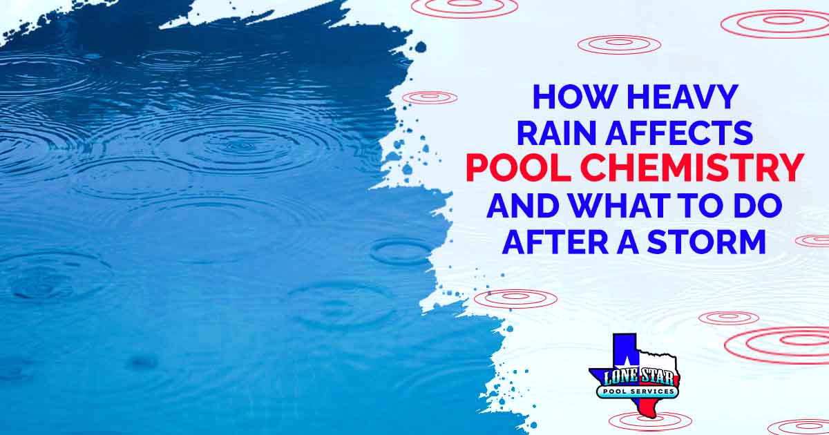 Image of raindrops falling on a pool or blue lake, featuring Lonestar Pool Service and highlighting how heavy rain affects pool chemistry and steps to take after a storm.