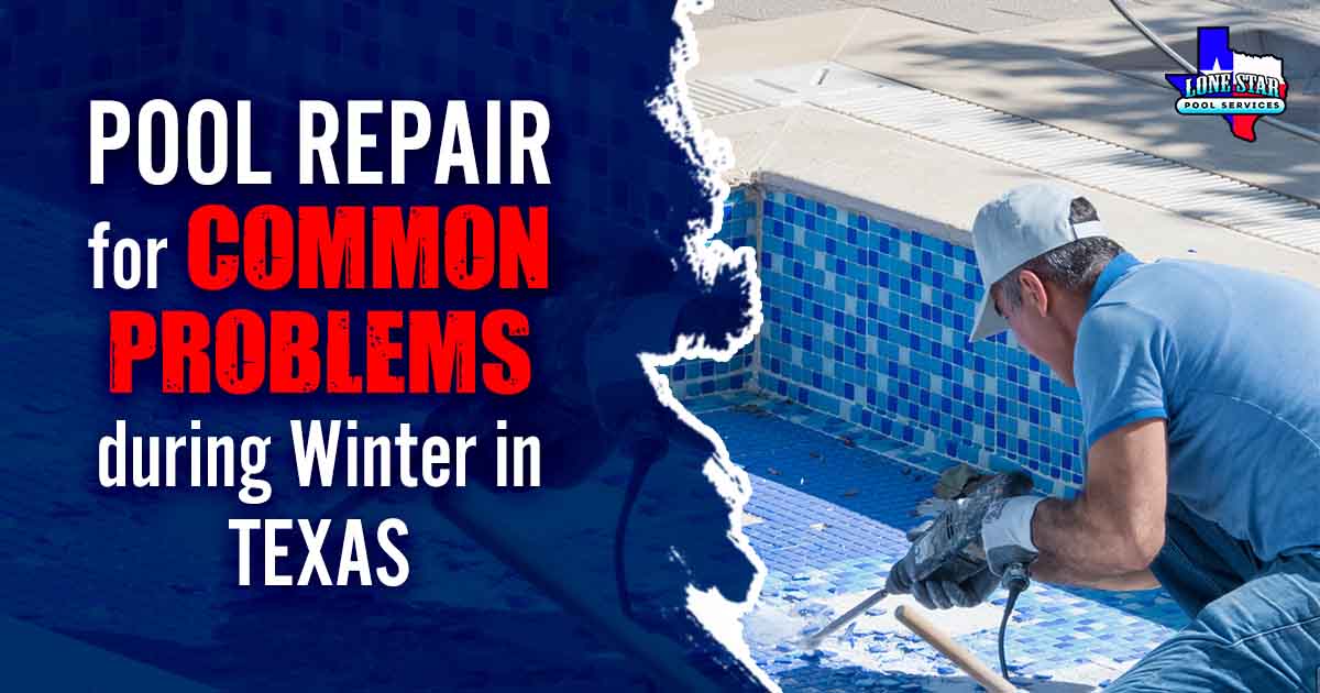 Image of men repairing a swimming pool in a residential building courtyard, featuring Lone Star Pool Services, highlighting common pool repair issues during winter in Texas.