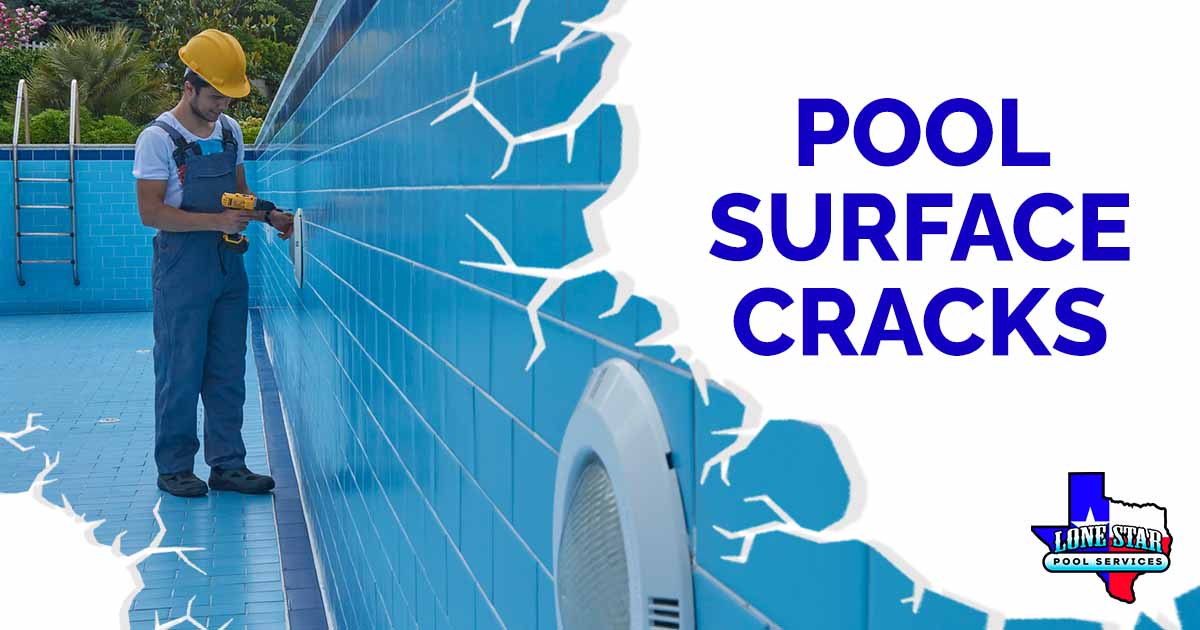 Image of a repairman fixing a pool using specialized equipment, featuring Lonestar Pool Services and highlighting solutions for pool surface cracks.