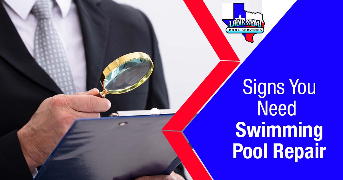 Image of a focused businessman analyzing a document, with the Lone Star Pool Services logo displayed. The text 'Signs You Need Swimming Pool Repair' is highlighted, directly relevant to the page's context.