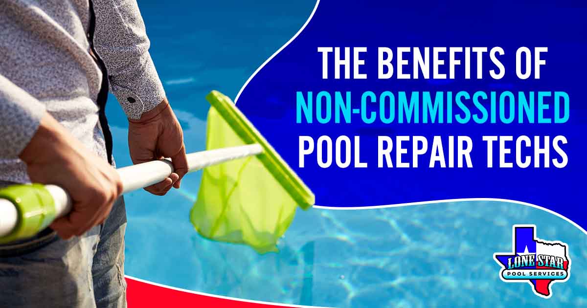 Image of a man using a skimmer net to clean a swimming pool from debris. Featuring Lone Star Pool Services, this image highlights 'The Benefits of Non-Commissioned Pool Repair Techs' for transparent and trustworthy service.